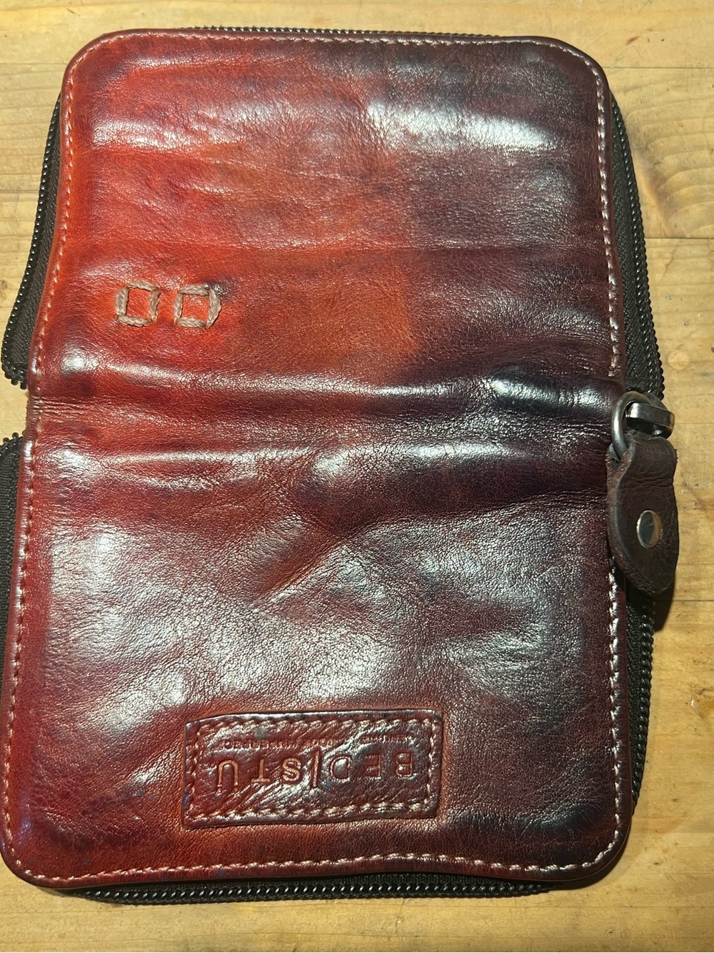 Bed Stu Red Brown Leather Zip Wallet